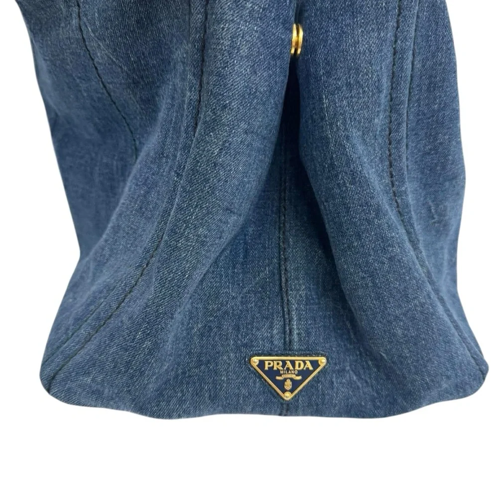 Prada Canapa Denim Tote with Gold Triangle Logo - Indigo Blue Large - Picture 10 of 10